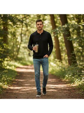 FB Class Black Long Sleeve Polo Sweater Men’s | Italian Made